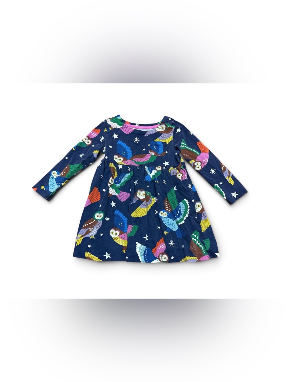 Mini Boden Girls’ Owl Print Long Sleeve Cotton
Jersey Dress Size 2-3Y Blue
